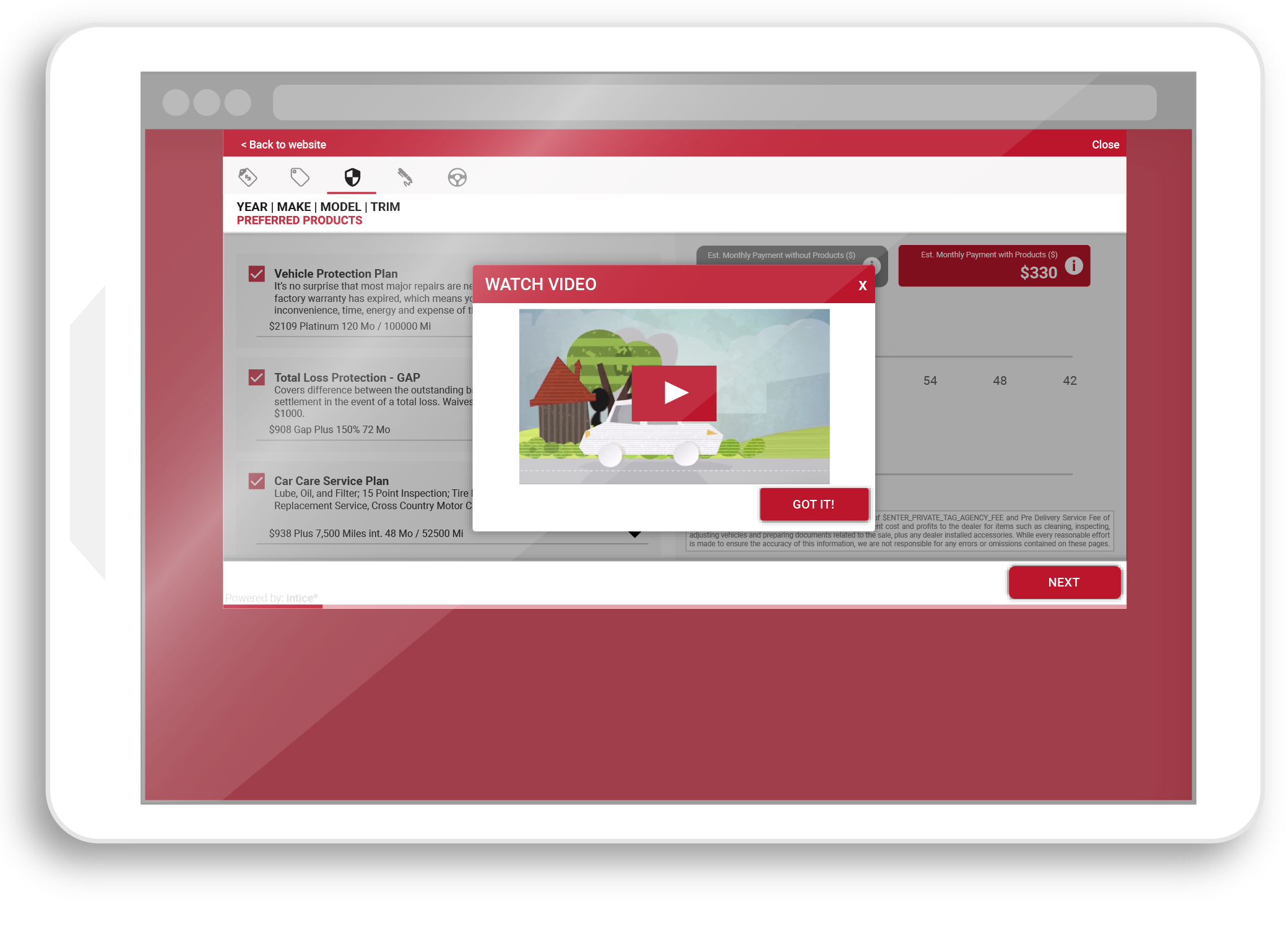 Online F&I Menu